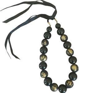 Chic Black Lace Bead Necklace w/Ribbon Tie